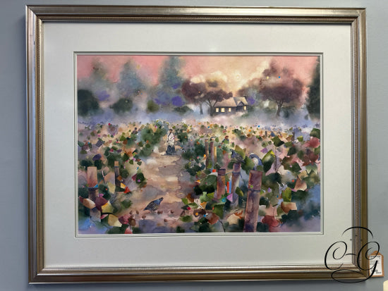 ’Kelowna Homestead’ Fields People Trees Watercolour Cdn Artist: Alex Fong 40x33’’ Artwork