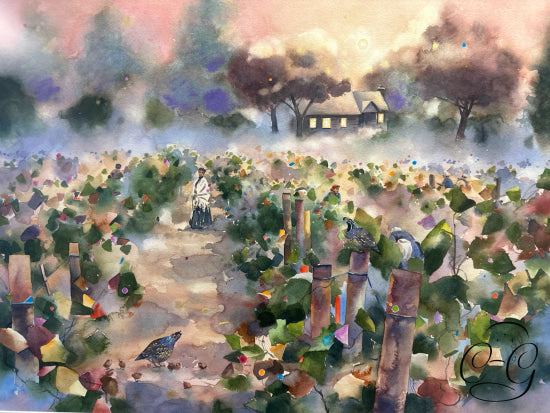 ’Kelowna Homestead’ Fields People Trees Watercolour Cdn Artist: Alex Fong 40x33’’ Artwork