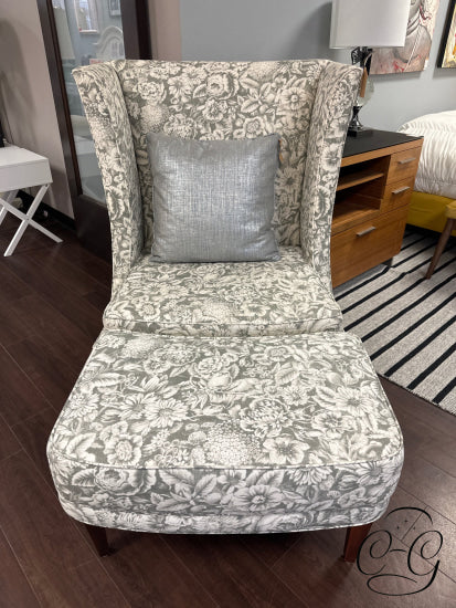 Kravet Canada Grey W/White Flowers Fabric Wingback Chair & Matching Ottoman With