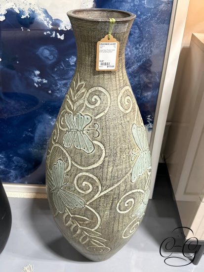 Large Grey Pottery Vase With Butterflies Motif