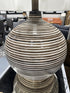 Large Round Ceramic Brown/Cream Stripe Base Table Lamp W/White Shade