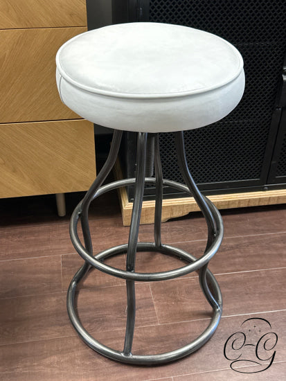 Lh Imports Adj. Bar Stool W/Round White Vintage Leather Seat Steel Frame Barstool