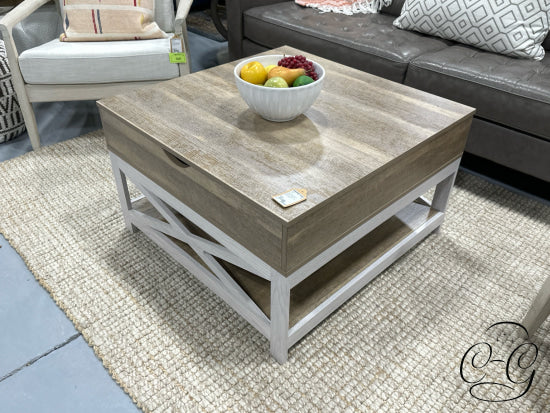 Light Finish Lift Top Coffee Table With Weathered Grey Trim Bottom Shelf 32x18’’ Coffee