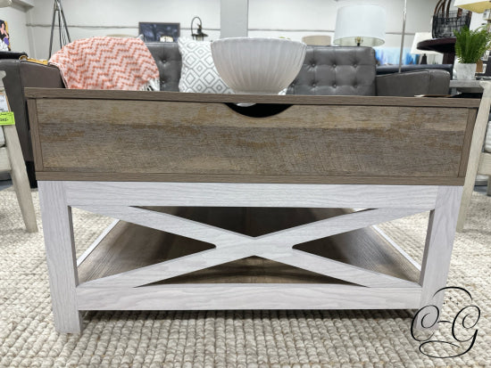 Light Finish Lift Top Coffee Table With Weathered Grey Trim Bottom Shelf 32x18’’ Coffee