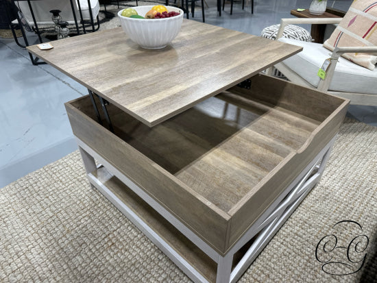 Light Finish Lift Top Coffee Table With Weathered Grey Trim Bottom Shelf 32x18’’ Coffee