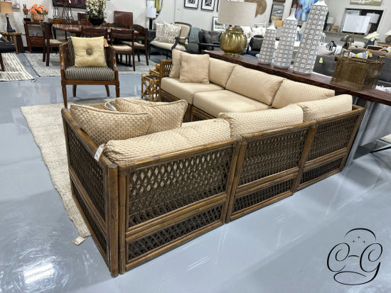 Light Finish Rattan 5 Piece Sectional W/Golden Beige Fabric 4 Toss Pillows 90x90x29’’ Sectional
