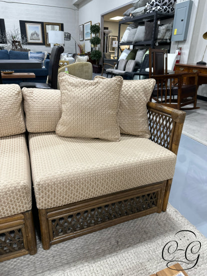 Light Finish Rattan 5 Piece Sectional W/Golden Beige Fabric 4 Toss Pillows 90x90x29’’ Sectional