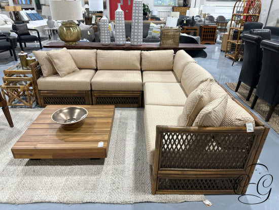 Light Finish Rattan 5 Piece Sectional W/Golden Beige Fabric 4 Toss Pillows 90x90x29’’ Sectional