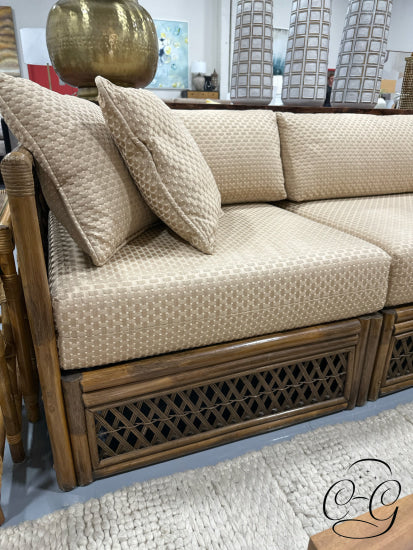 Light Finish Rattan 5 Piece Sectional W/Golden Beige Fabric 4 Toss Pillows 90x90x29’’ Sectional