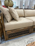 Light Finish Rattan 5 Piece Sectional W/Golden Beige Fabric 4 Toss Pillows 90x90x29’’ Sectional