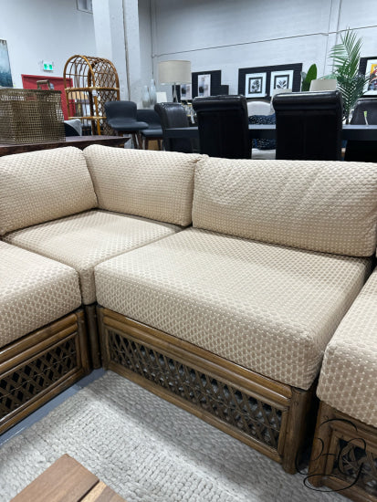 Light Finish Rattan 5 Piece Sectional W/Golden Beige Fabric 4 Toss Pillows 90x90x29’’ Sectional