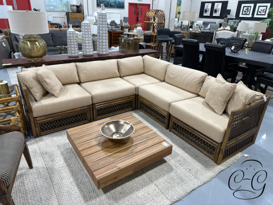 Light Finish Rattan 5 Piece Sectional W/Golden Beige Fabric 4 Toss Pillows 90x90x29’’ Sectional