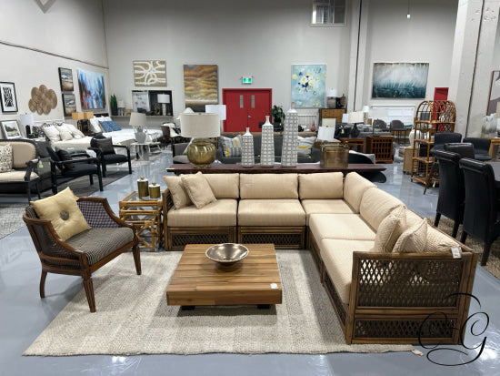 Light Finish Rattan 5 Piece Sectional W/Golden Beige Fabric 4 Toss Pillows 90x90x29’’ Sectional