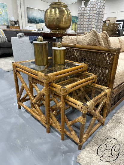 Light Finish Set Of 3 Rattan Nesting Tables With Glass Insert Tops 20x20x20’’ Nesting