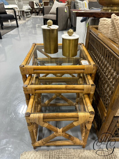 Light Finish Set Of 3 Rattan Nesting Tables With Glass Insert Tops 20x20x20’’ Nesting