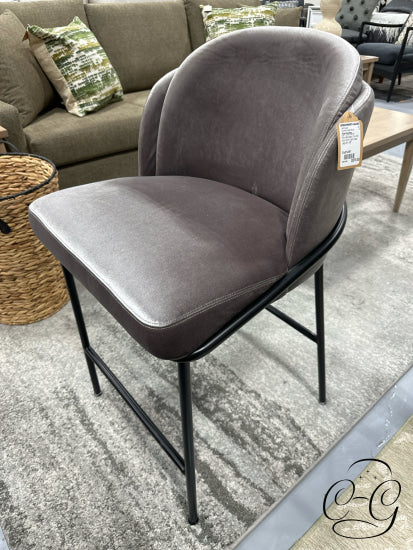 Light Grey Velvet Rounded Back Counter Stool With Dark Steel Legs Height