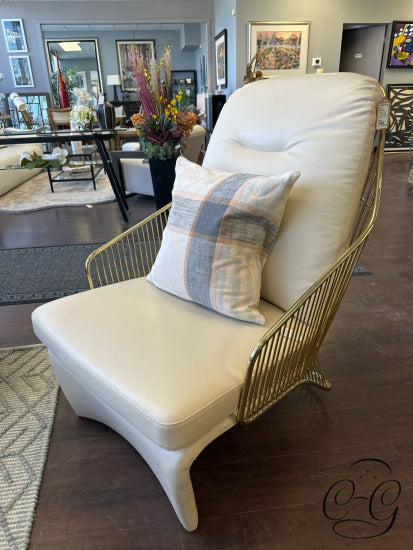 Light Taupe Faux Leather Accent Chair W/Polished Gold Cage Style Back/Base 29x29x39’’ Accent Chair