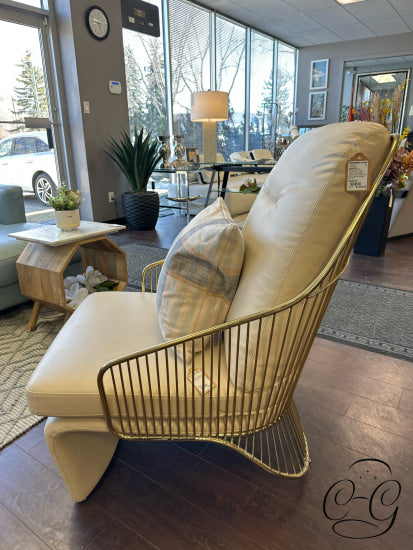 Light Taupe Faux Leather Accent Chair W/Polished Gold Cage Style Back/Base 29x29x39’’ Accent Chair