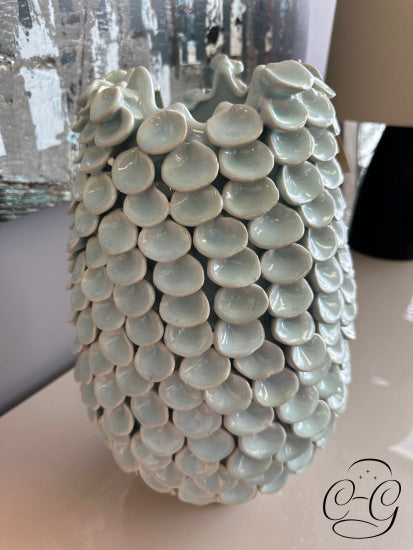 Light Teal Ceramic Vase With Petal Design