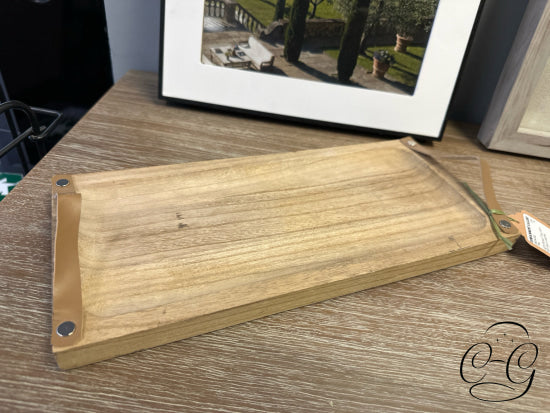 Light Wood Tray With Tan Faux Leather Handles 14x6’’ Tray