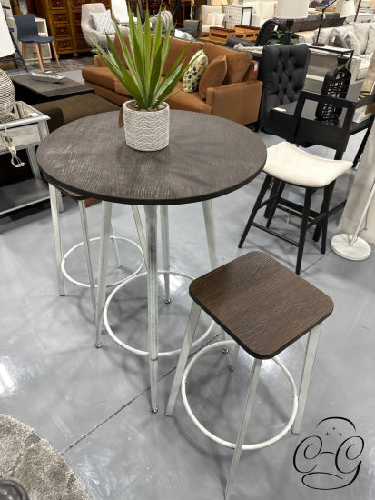 Lumisource Round Bar Table With 2 Stools Espresso Top White Metal Base Table