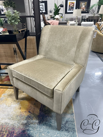*Made In Canada* Beige Velvet Fabric Chair W/Top Side Pleating Washed Grey Legs 29x32x34’’ Chair