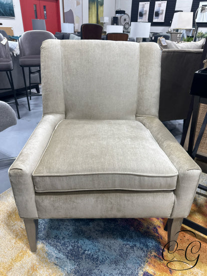 *Made In Canada* Beige Velvet Fabric Chair W/Top Side Pleating Washed Grey Legs 29x32x34’’ Chair