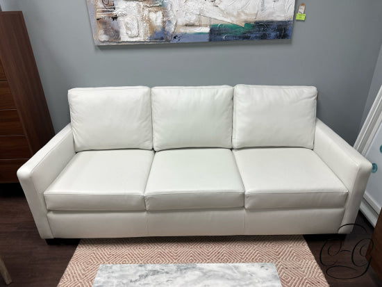 *Made In Canada* White Leather Narrow Arm 3 Seater Sofa W/Espresso Legs 80x37x37’’ Leather Sofa