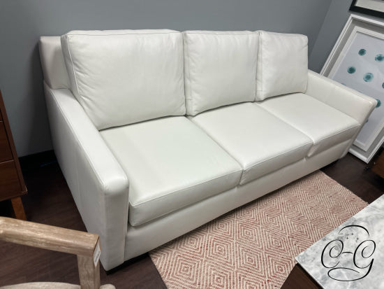 *Made In Canada* White Leather Narrow Arm 3 Seater Sofa W/Espresso Legs 80x37x37’’ Leather Sofa