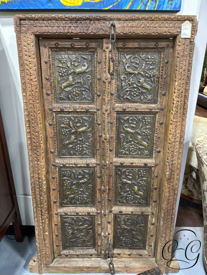 Made In India Hand Carved Temple Door W/Metal Detailing Lion/Gazelle Home Decor