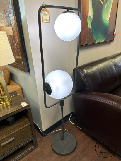 Matte Black Metal Rect. Top Floor Lamp With 2 White Globe Shades