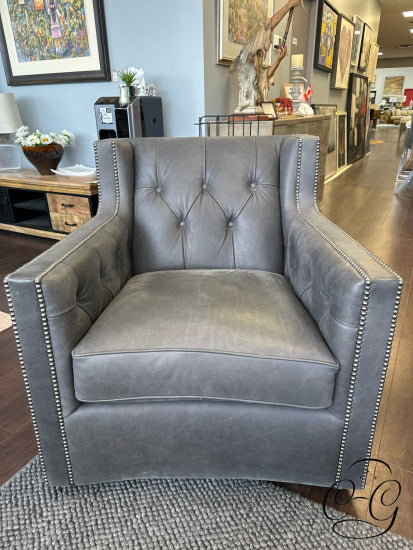 Matte Dark Grey Leather Swivel Arm Chair W/Nailhead Trim Botton Tufting 34x36x35’’ Leather Swivel
