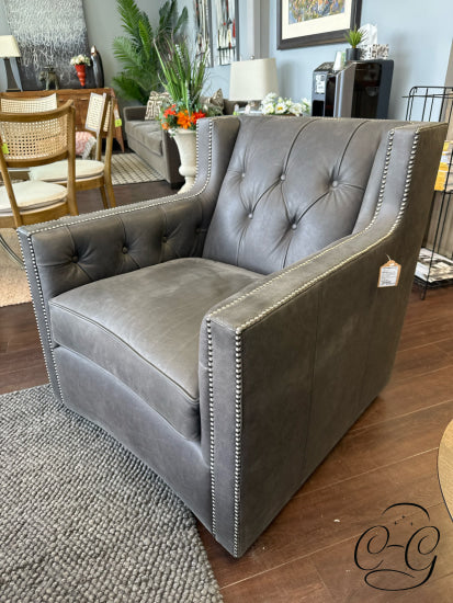 Matte Dark Grey Leather Swivel Arm Chair W/Nailhead Trim Botton Tufting 34x36x35’’ Leather Swivel