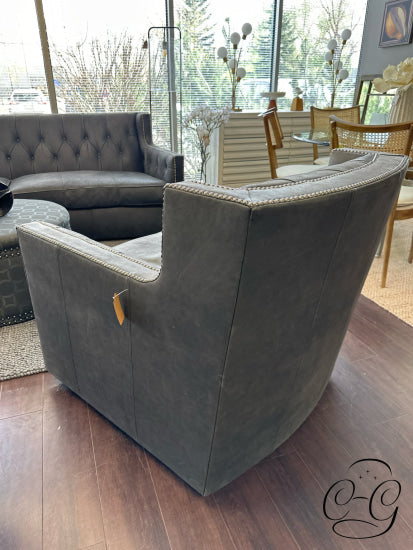 Matte Dark Grey Leather Swivel Arm Chair W/Nailhead Trim Botton Tufting 34x36x35’’ Leather Swivel