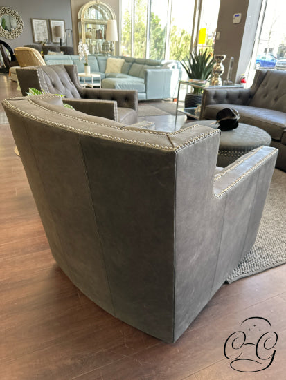 Matte Dark Grey Leather Swivel Arm Chair W/Nailhead Trim Botton Tufting 34x36x35’’ Leather Swivel