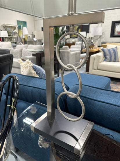 Matte Silver Finish Table Lamp With Circle Design Base Rect. White Shade