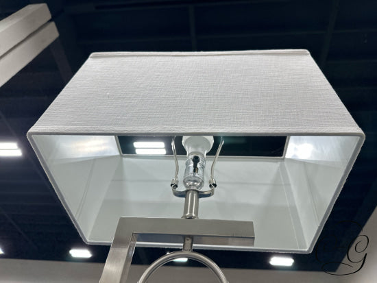 Matte Silver Finish Table Lamp With Circle Design Base Rect. White Shade