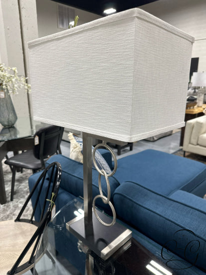 Matte Silver Finish Table Lamp With Circle Design Base Rect. White Shade
