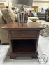 Med. Brown End Table With Top Drawer Bottom Display Space Metal Ring Hardware