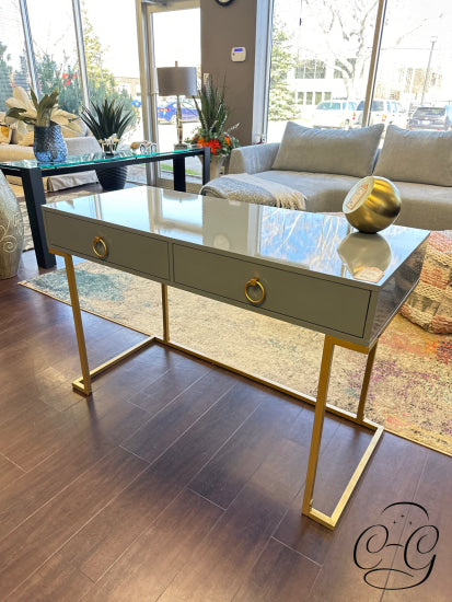 Multi Purpose Grey Console Table With 2 Drawers Gold Finish Base