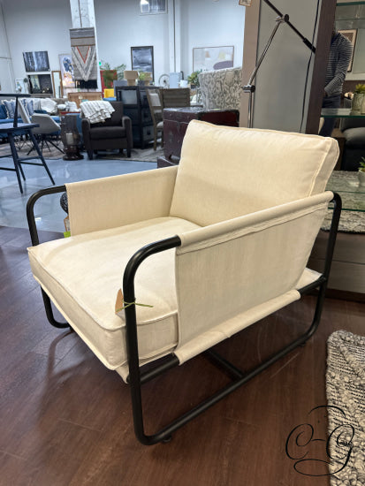 Natural Toned Canvas Safari Style Chair W/Waxed Black Iron Frame/Arms