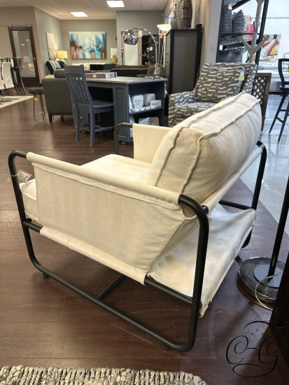Natural Toned Canvas Safari Style Chair W/Waxed Black Iron Frame/Arms