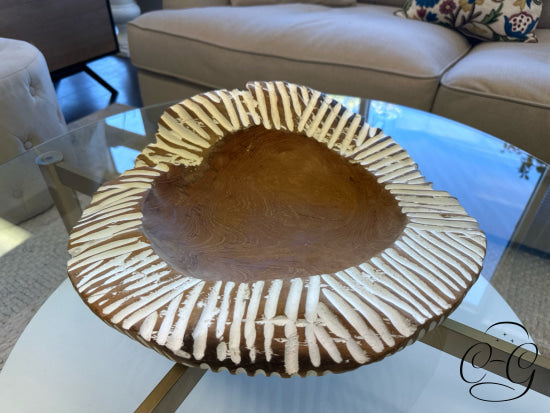 Natural Wood Bowl With White Painted Line Exterior Home Decor