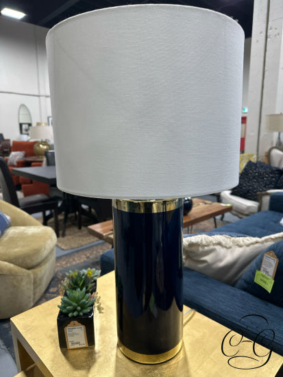 Navy Blue Glass Body Table Lamp W/Gold Finish Accents White Shade 16x29’’ Table Lamp
