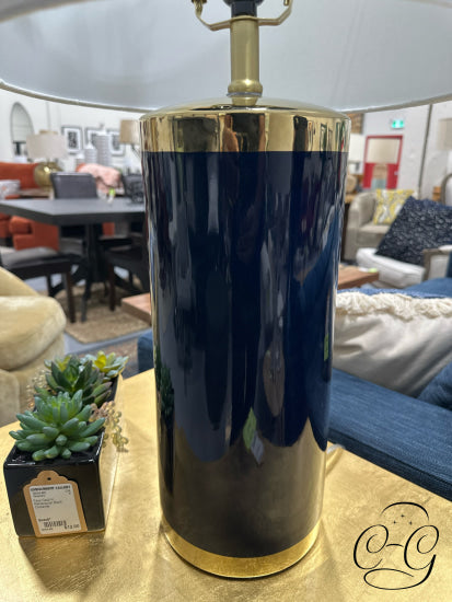 Navy Blue Glass Body Table Lamp W/Gold Finish Accents White Shade 16x29’’ Table Lamp