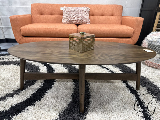 Oval Medium Brown Coffee Table W/Cross Shaped Support Base