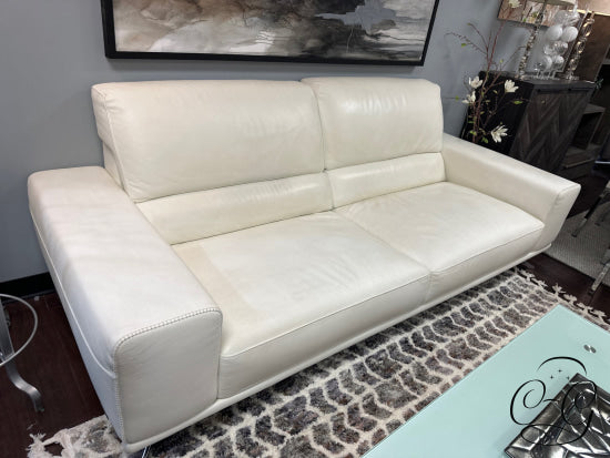 Oversize White Leather 2 Seater Sofa W/Contrast Stitching Chrome Finish Legs