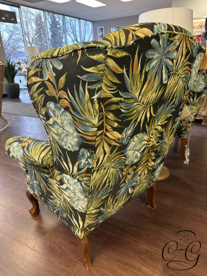 Palm Tree Print Fabric Wingback Chair With Light Brown Legs 30x32x42’’ Wingback