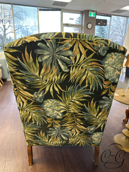 Palm Tree Print Fabric Wingback Chair With Light Brown Legs 30x32x42’’ Wingback