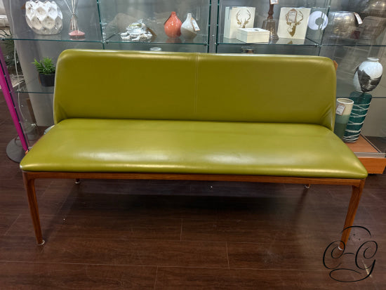Pistachio Green Leather Bench With Back Walnut Frame/Legs